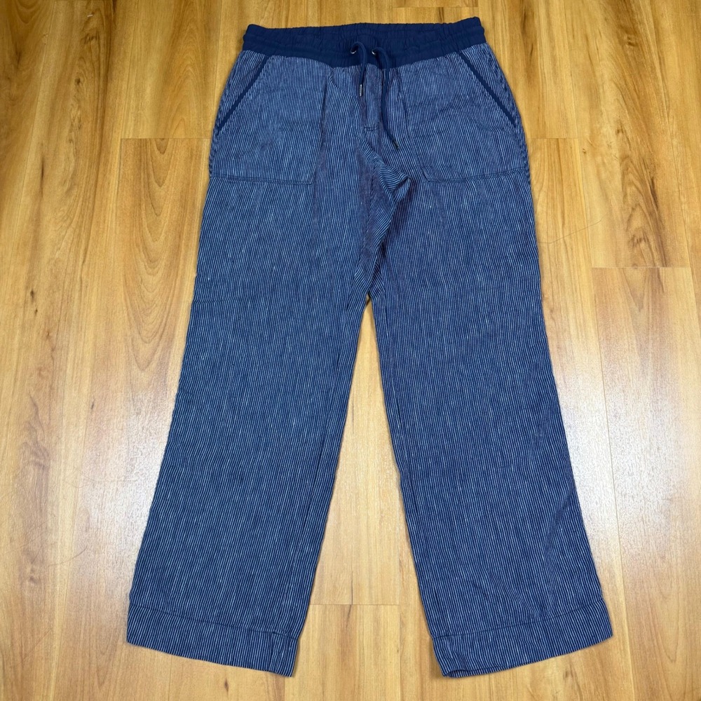 Athleta Womens 12Linen Wide Leg Pinstripe Pants Navy Blue Drawstring 211073 SP18